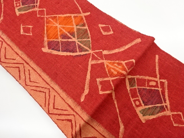 手織り真綿紬抽象菱模様織出し名古屋帯